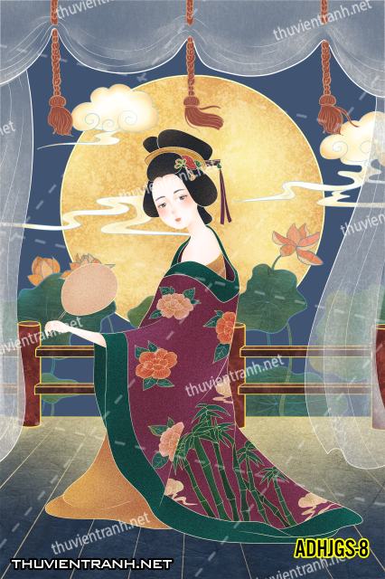 Tranh dán tường Cô gái  Nhật Bản mặc kimono, tranh minh họa cô gái Nhật Bản xưa -ADHJGS-8 - Tranh tường chất lượng cao